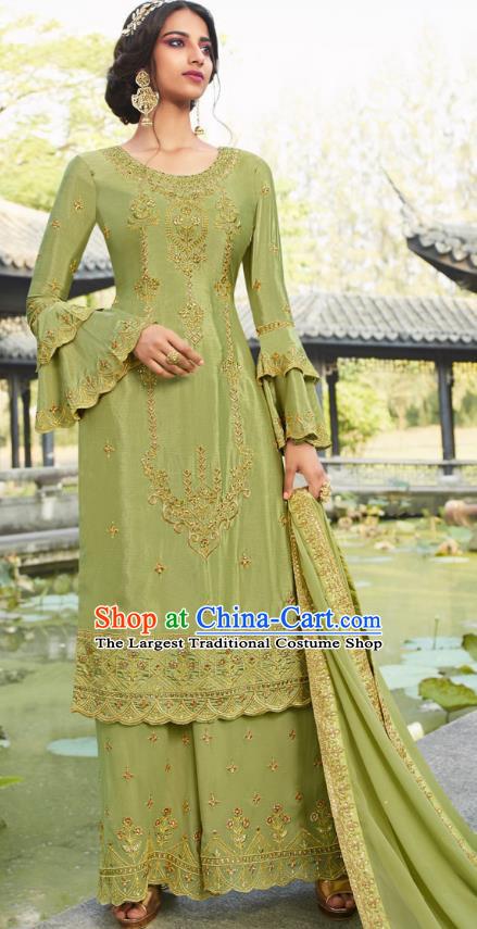 Asian India National Punjab Costumes Asia Indian Traditional Embroidered Olive Green Dress Sari and Loose Pants for Women