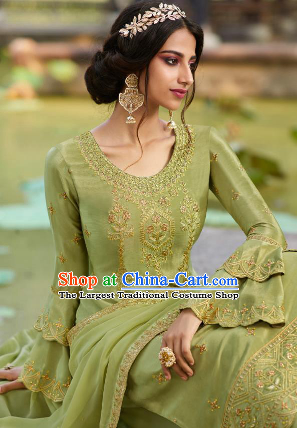 Asian India National Punjab Costumes Asia Indian Traditional Embroidered Olive Green Dress Sari and Loose Pants for Women
