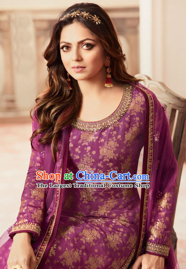 Asian India National Punjab Costumes Asia Indian Traditional Embroidered Purple Long Blouse Sari and Loose Pants for Women