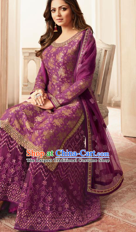 Asian India National Punjab Costumes Asia Indian Traditional Embroidered Purple Long Blouse Sari and Loose Pants for Women