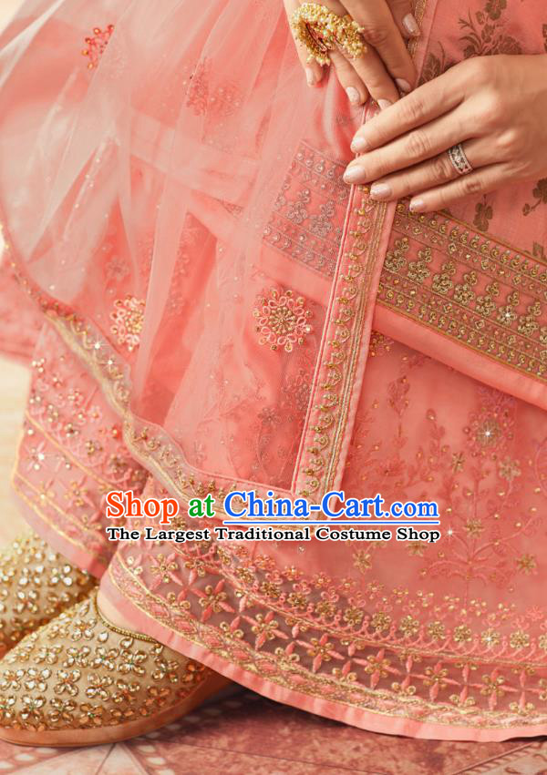 Asian India National Punjab Costumes Asia Indian Traditional Embroidered Peach Pink Long Blouse Sari and Loose Pants for Women