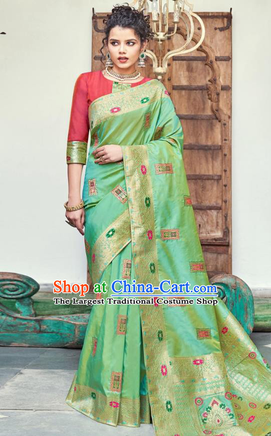 Asian India National Saree Costumes Asia Indian Bride Traditional Rosy Blouse and Green Silk Sari Dress for Women