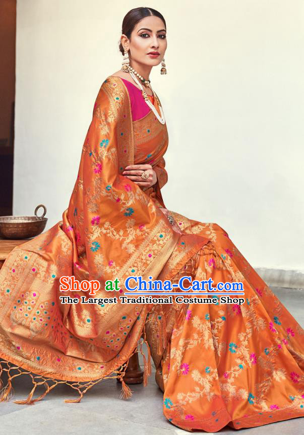 Asian India National Saree Costumes Asia Indian Bride Traditional Magenta Blouse and Orange Silk Sari Dress for Women