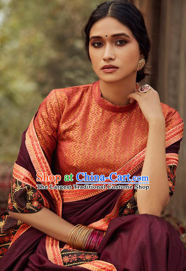 Asian India National Saree Costumes Asia Indian Bride Traditional Blouse and Embroidered Purple Silk Sari Dress for Women