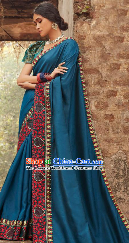 Asian India National Saree Costumes Asia Indian Bride Traditional Blouse and Embroidered Navy Blue Silk Sari Dress for Women