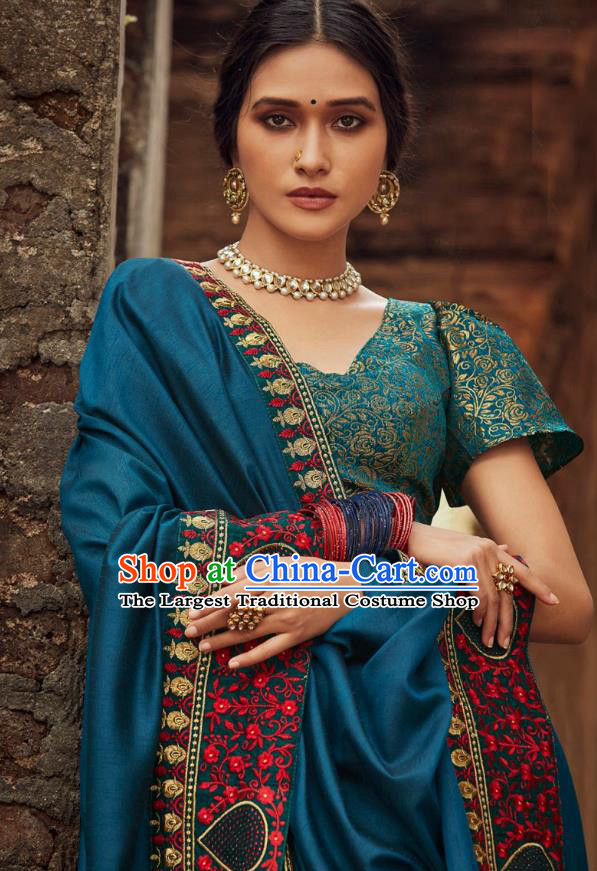Asian India National Saree Costumes Asia Indian Bride Traditional Blouse and Embroidered Navy Blue Silk Sari Dress for Women
