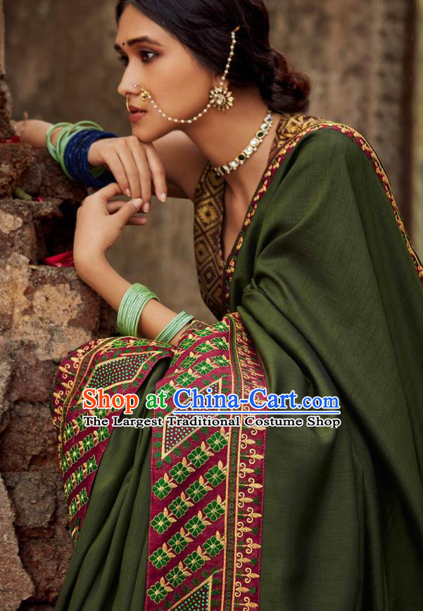 Asian India National Saree Costumes Asia Indian Bride Traditional Blouse and Embroidered Olive Green Silk Sari Dress for Women