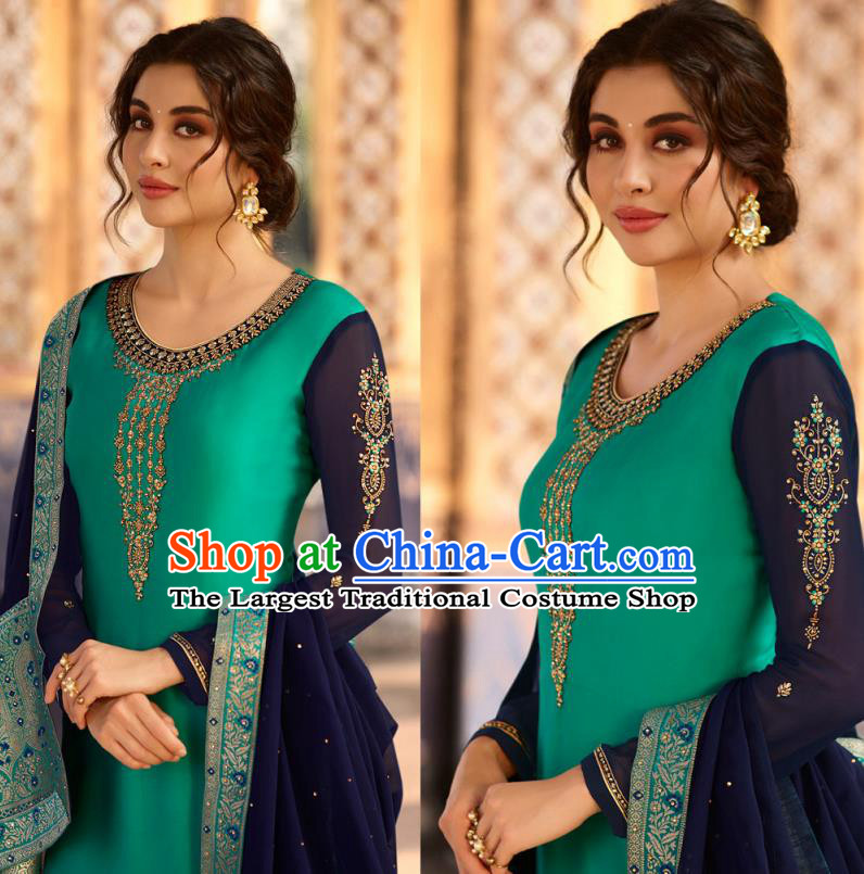 Asian India National Court Punjab Costumes Asia Indian Traditional Embroidered Turquoise Satin Blouse Sari and Loose Pants for Women
