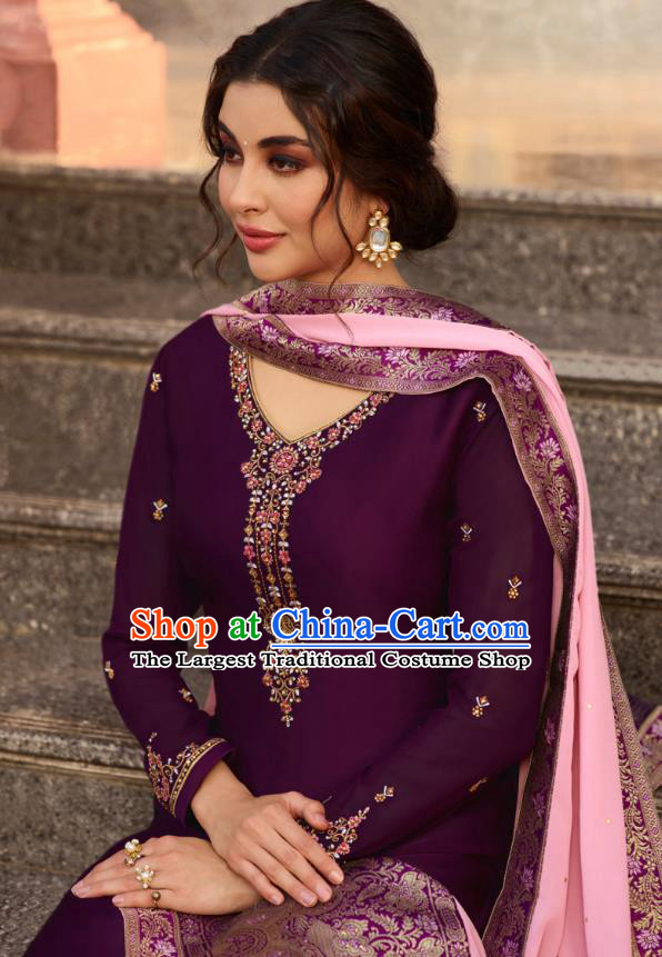 Asian India National Court Punjab Costumes Asia Indian Traditional Embroidered Deep Purple Satin Blouse Sari and Loose Pants for Women