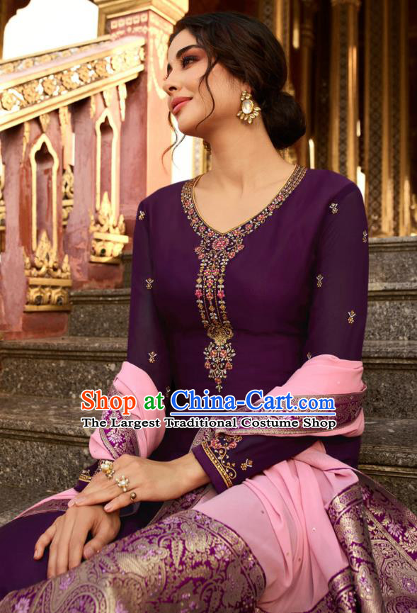 Asian India National Court Punjab Costumes Asia Indian Traditional Embroidered Deep Purple Satin Blouse Sari and Loose Pants for Women