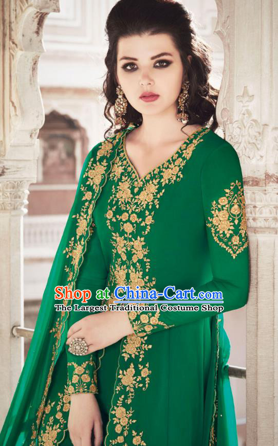 Asian India National Dance Punjab Costumes Asia Indian Traditional Embroidered Green Faux Georgette Dress and Loose Pants Sari for Women