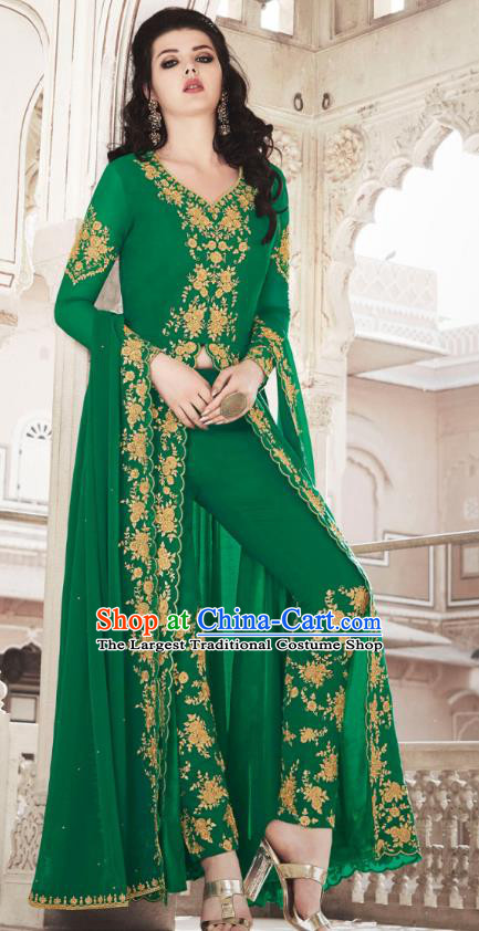 Asian India National Dance Punjab Costumes Asia Indian Traditional Embroidered Green Faux Georgette Dress and Loose Pants Sari for Women