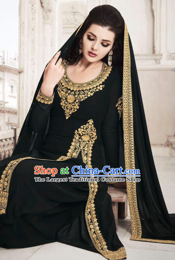 Asian India National Dance Punjab Costumes Asia Indian Traditional Embroidered Black Faux Georgette Dress and Loose Pants Sari for Women