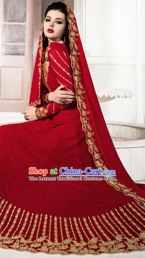 Asian India National Dance Punjab Costumes Asia Indian Traditional Embroidered Red Faux Georgette Dress and Loose Pants Sari for Women