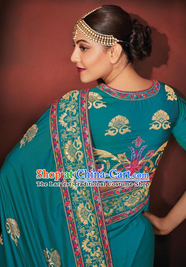 Asian India National Dance Lake Blue Silk Saree Asia Indian Traditional Costumes Court Princess Bollywood Blouse and Sari Dress for Women