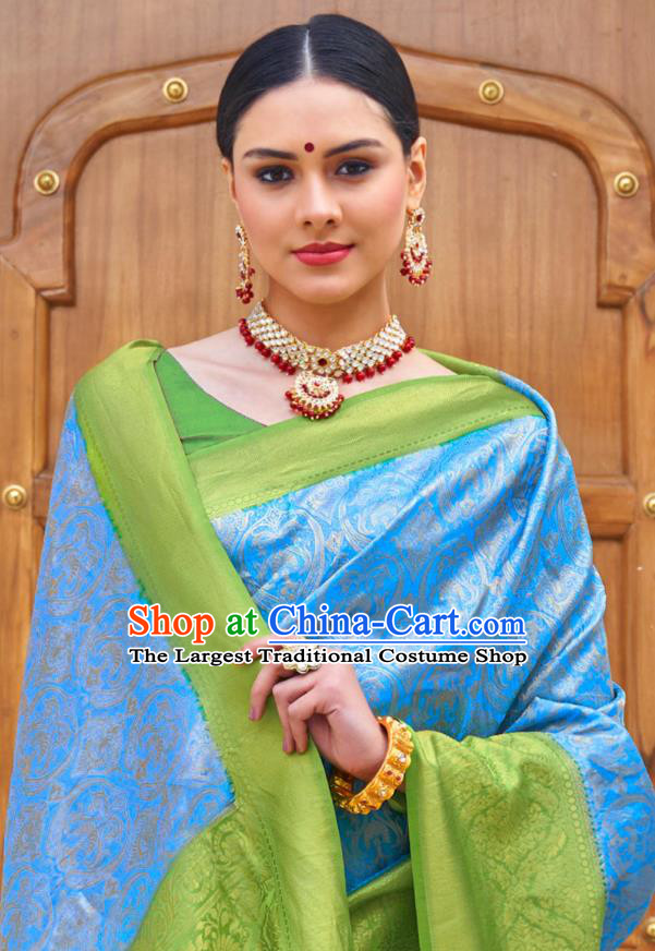 Asian India Bollywood Blue Silk Saree Asia Indian Traditional Court Princess Blouse and Sari Dress National Dance Costumes for Women