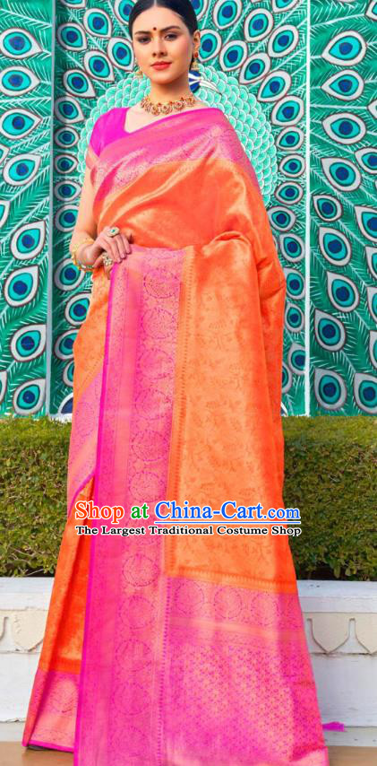 Asian India Bollywood Orange Silk Saree Asia Indian Traditional Court Princess Blouse and Sari Dress National Dance Costumes for Women