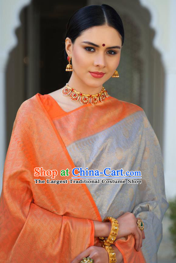 Asian India Bollywood Gray Silk Saree Asia Indian Traditional Court Princess Blouse and Sari Dress National Dance Costumes for Women