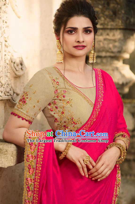 Asian India National Wedding Rosy Silk Saree Costumes Asia Indian Bride Traditional Blouse and Embroidered Sari Dress for Women