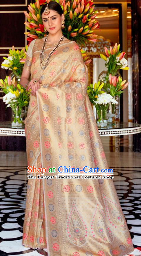 Asian India Festival Bollywood Beige Silk Saree Asia Indian National Dance Costumes Traditional Court Princess Blouse and Sari Dress for Women