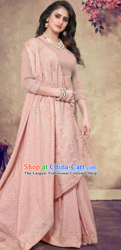Asian India Festival Bollywood Pink Georgette Saree Dress Asia Indian National Dance Costumes Traditional Court Princess Blouse and Sari Full Set