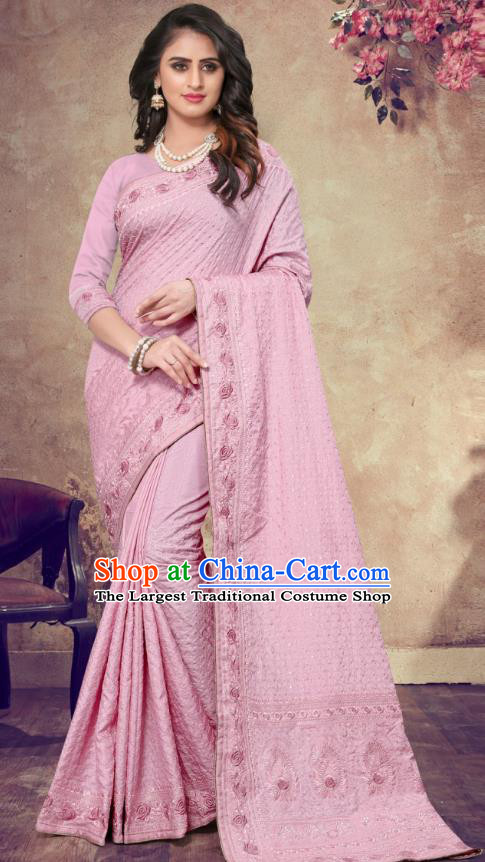 Asian India Festival Bollywood Peach Pink Georgette Saree Dress Asia Indian National Dance Costumes Traditional Court Princess Blouse and Sari Full Set