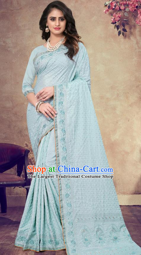 Asian India Festival Bollywood Sky Blue Georgette Saree Dress Asia Indian National Dance Costumes Traditional Court Princess Blouse and Sari Full Set