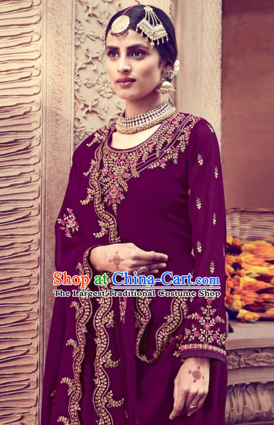 Asian India Traditional Punjab Suits Costumes Asia Indian National Embroidered Purple Georgette Long Blouse and Loose Pants Shawl Complete Set