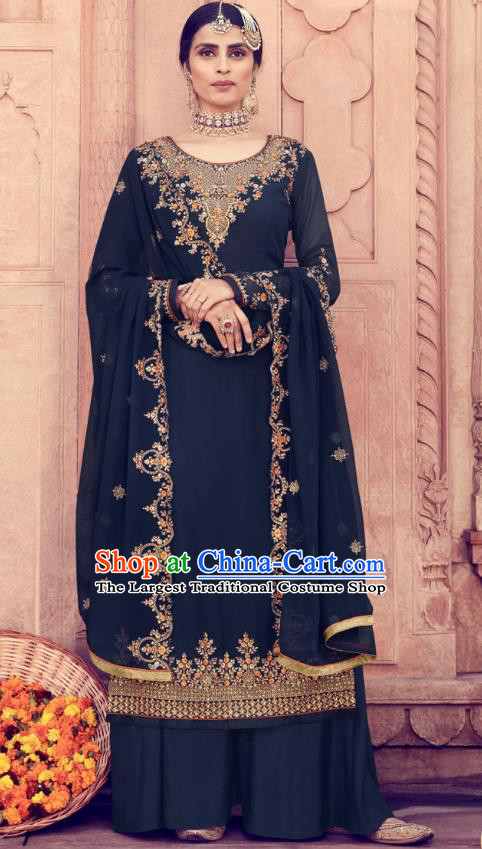 Asian India Traditional Punjab Suits Costumes Asia Indian National Embroidered Navy Georgette Long Blouse and Loose Pants Shawl Complete Set