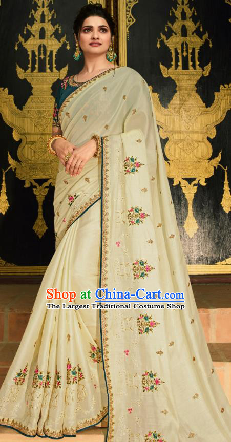 Asian India National Wedding Cream Silk Saree Costumes Asia Indian Bride Traditional Blouse and Embroidered Sari Dress for Women