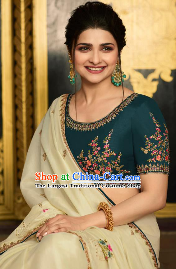 Asian India National Wedding Cream Silk Saree Costumes Asia Indian Bride Traditional Blouse and Embroidered Sari Dress for Women