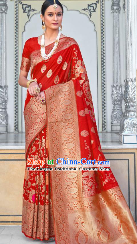 Asian India Festival Bollywood Red Silk Saree Asia Indian National Dance Costumes Traditional Court Princess Blouse and Sari Dress for Women