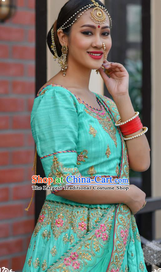 Asian India Wedding Lehenga Costumes Asia Indian Traditional Festival Bride Embroidered Lake Blue Silk Blouse and Skirt and Sari Complete Set