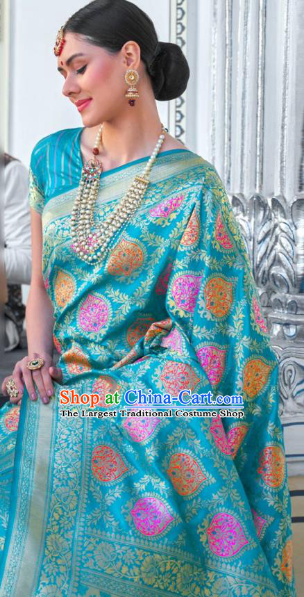 Asian India Festival Bollywood Aqua Blue Silk Saree Asia Indian National Dance Costumes Traditional Court Princess Blouse and Sari Dress for Women