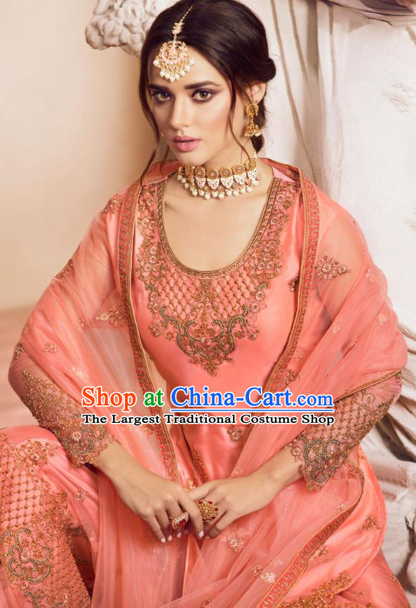 Asian India Traditional Festival Punjab Suits Costumes Asia Indian National Peach Pink Crepe Long Blouse Shawl and Loose Pants Complete Set