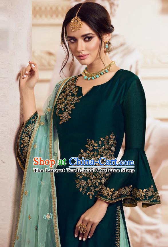 Asian India Traditional Festival Punjab Suits Costumes Asia Indian National Teal Crepe Long Blouse Shawl and Loose Pants Complete Set