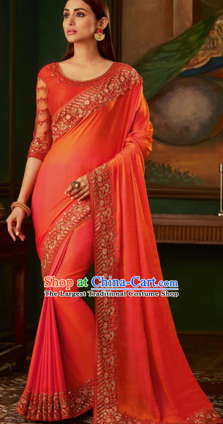 Asian India Bollywood Orange Silk Saree Dress Asia Indian National Festival Dance Costumes Traditional Court Female Blouse and Sari Full Set