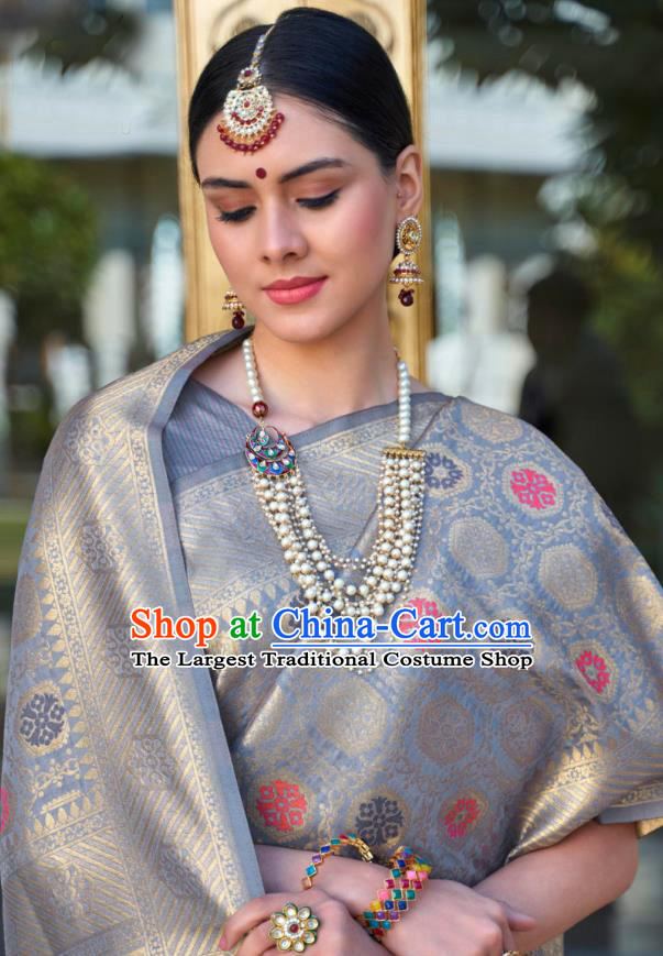 Asian India Festival Bollywood Gray Silk Saree Asia Indian National Dance Costumes Traditional Court Princess Blouse and Sari Dress for Women