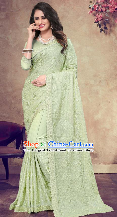 Asian India Festival Bollywood Light Green Georgette Saree Dress Asia Indian National Dance Costumes Traditional Court Princess Blouse and Sari Full Set