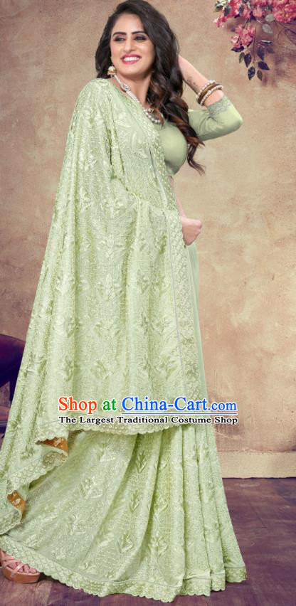 Asian India Festival Bollywood Light Green Georgette Saree Dress Asia Indian National Dance Costumes Traditional Court Princess Blouse and Sari Full Set