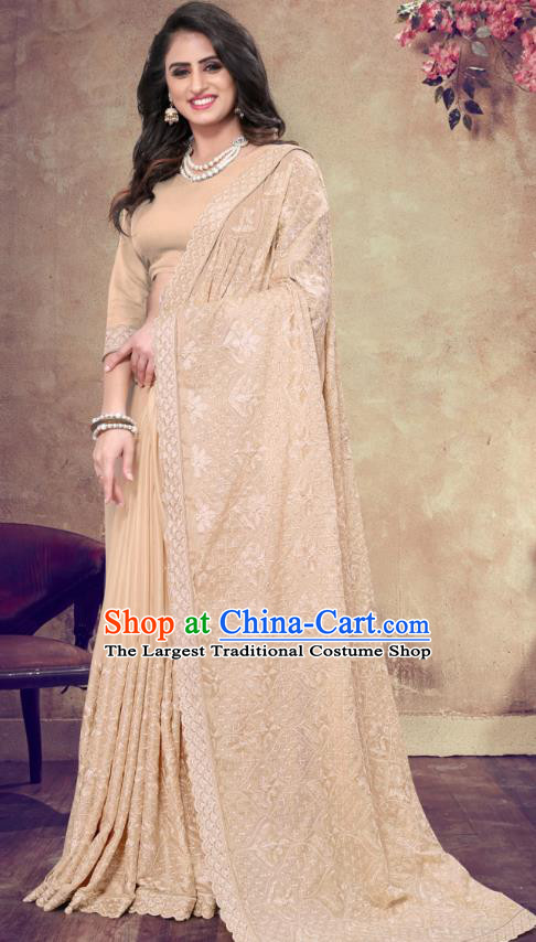 Asian India Festival Bollywood Apricot Georgette Saree Dress Asia Indian National Dance Costumes Traditional Court Princess Blouse and Sari Full Set