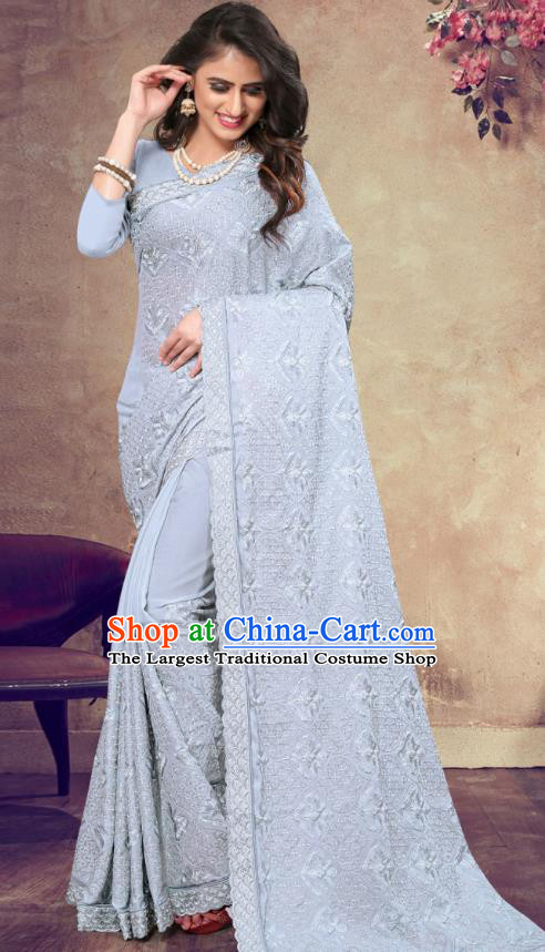 Asian India Festival Bollywood Light Blue Georgette Saree Dress Asia Indian National Dance Costumes Traditional Court Princess Blouse and Sari Full Set