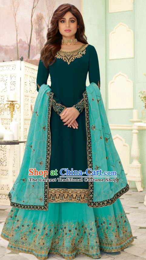 Asian India Traditional Lehenga Costumes Asia Indian National Folk Dance Peacock Green Georgette Sari Dress and Blue Skirt Complete Set