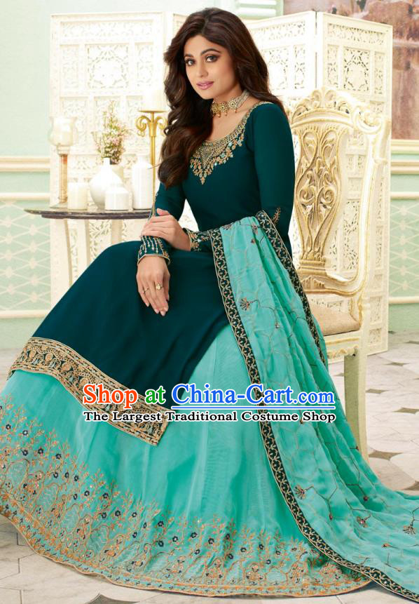 Asian India Traditional Lehenga Costumes Asia Indian National Folk Dance Peacock Green Georgette Sari Dress and Blue Skirt Complete Set