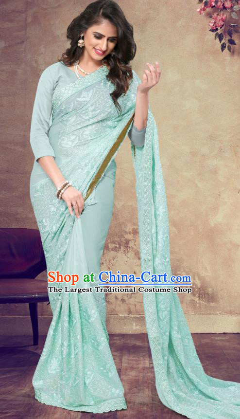 Asian India Festival Bollywood Lake Blue Georgette Saree Dress Asia Indian National Dance Costumes Traditional Court Princess Blouse and Sari Full Set