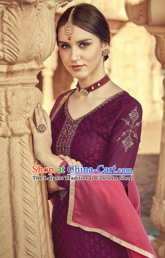 Asian India Traditional Suits Costumes Asia Indian National Folk Dance Purple Viscose Long Blouse and Loose Pants Shawl Complete Set