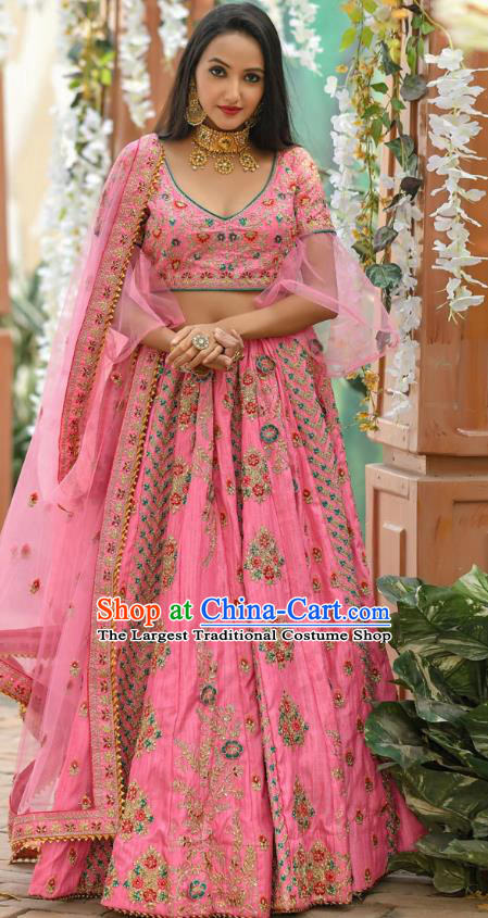 Asian India National Wedding Lehenga Costumes Asia Indian Bride Traditional Pink Silk Blouse and Embroidered Skirt Sari for Women