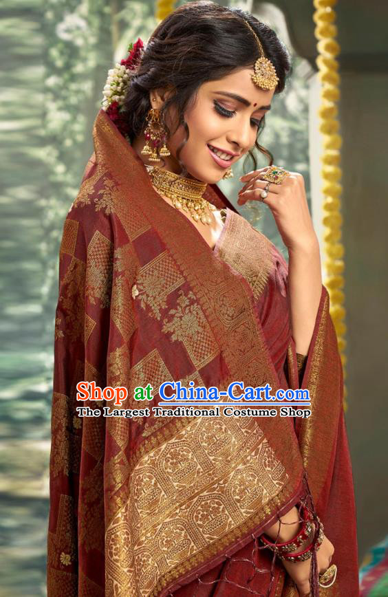 Asian India National Bollywood Maroon Silk Saree Costumes Asia Indian Bride Traditional Blouse and Sari Dress for Women