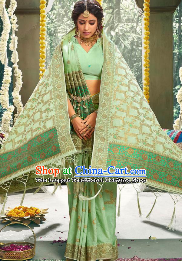 Asian India National Bollywood Light Green Silk Saree Costumes Asia Indian Bride Traditional Blouse and Sari Dress for Women