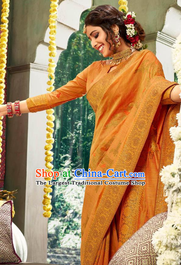 Asian India National Bollywood Orange Silk Saree Costumes Asia Indian Bride Traditional Blouse and Sari Dress for Women